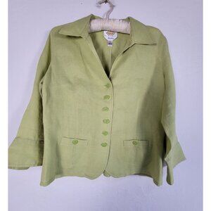 Talbots Petites Womens Green Button-Front Irish Linen Blazer Jacket 8P Casual